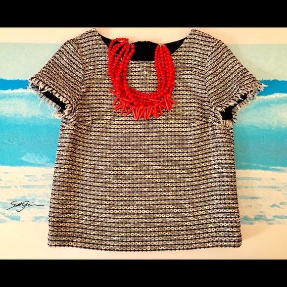 Talbots Tops - TALBOTS Shimmery Black/White Fringe Sleeve Top